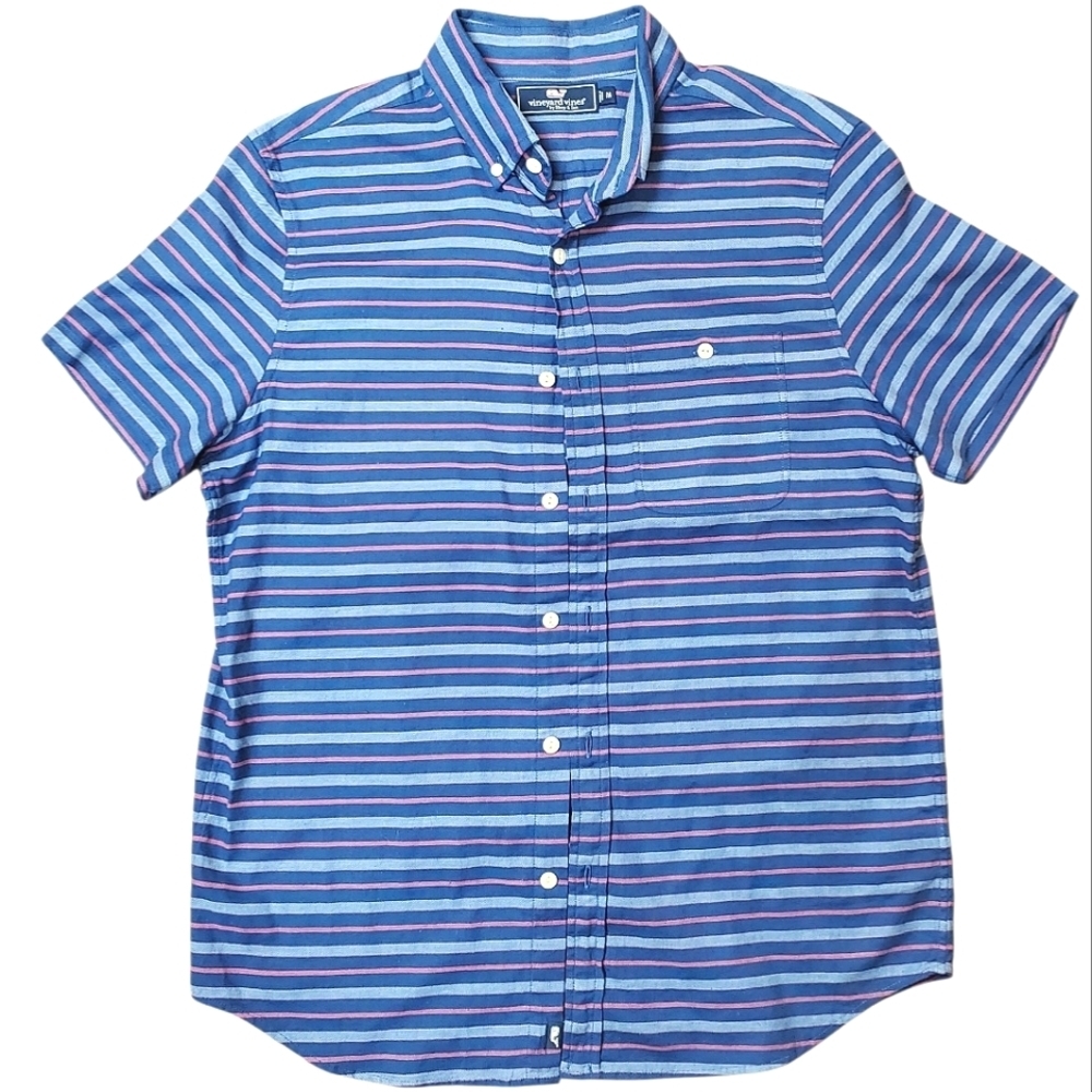Vineyard Vines Blue and Pink Striped Short Sleeve. MED